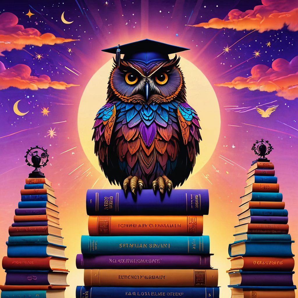 A dynamic illustration of a wise owl perched on a stack of colorful books, surrounded by glowing digital icons representing knowledge and education. In the background, a vibrant sunset symbolizes the dawn of the knowledge era, with silhouettes of students engaged in learning. Bright and engaging colors convey a sense of exploration and discovery. surrealistic. vibrant colors. 3D.