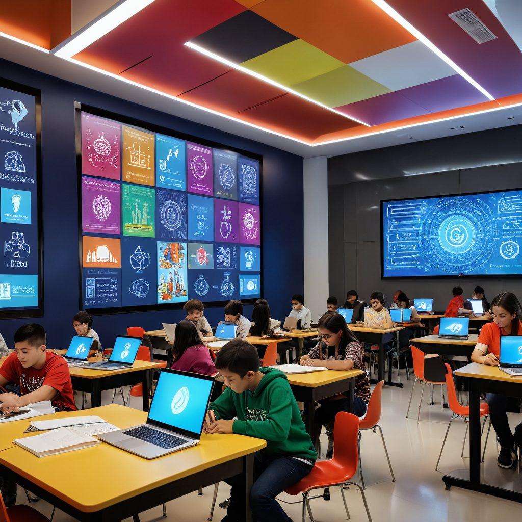 A futuristic classroom blending technology and traditional learning, featuring diverse students engaged with digital devices and classic books. In the background, a large digital screen displays cultural symbols from around the world, representing diverse heritages. Bright colors and innovative designs illustrate the fusion of education and culture in a digital age. super-realistic. vibrant colors. 3D.